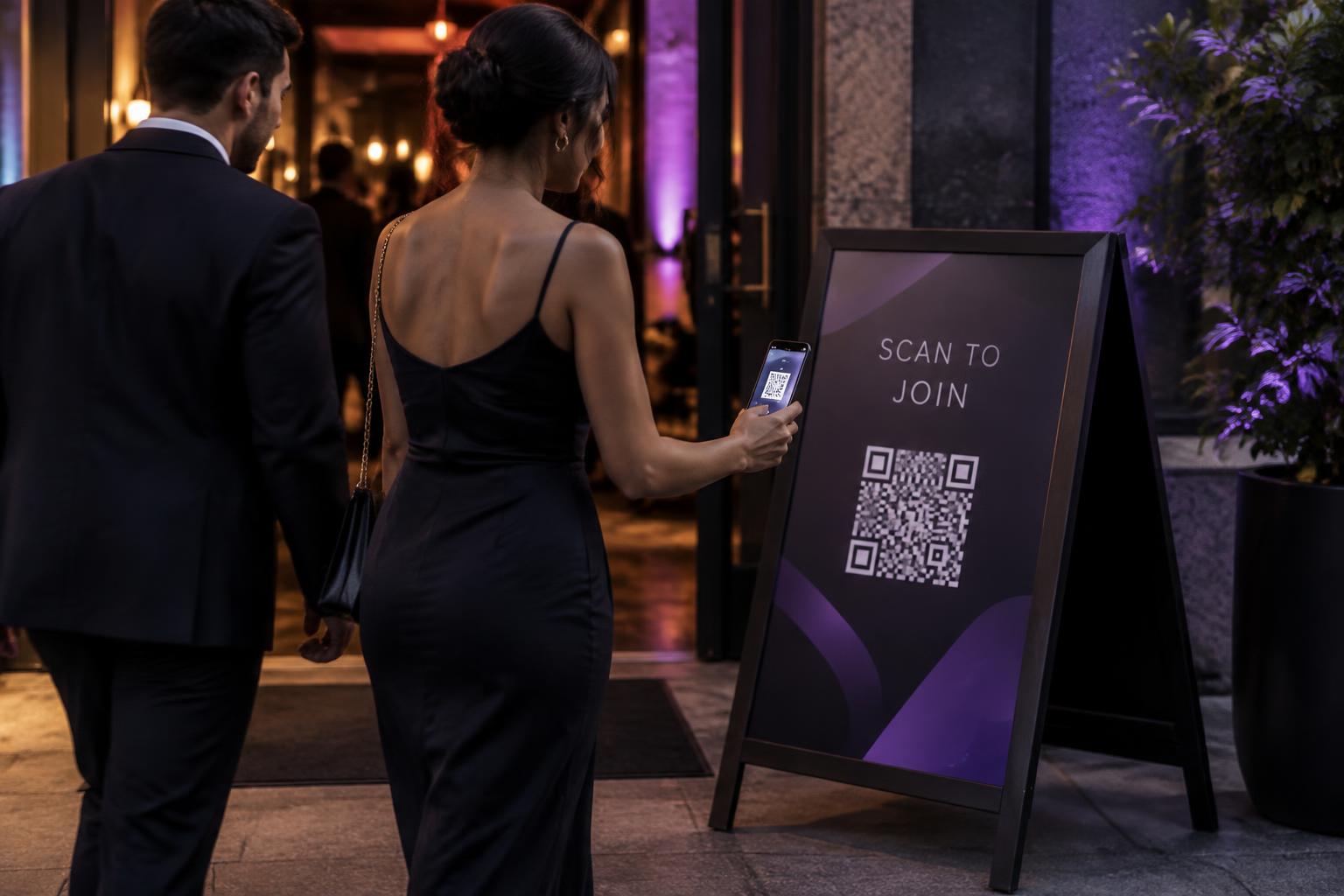 A woman scanning a QR code on a sidewalk sign at an event entrance