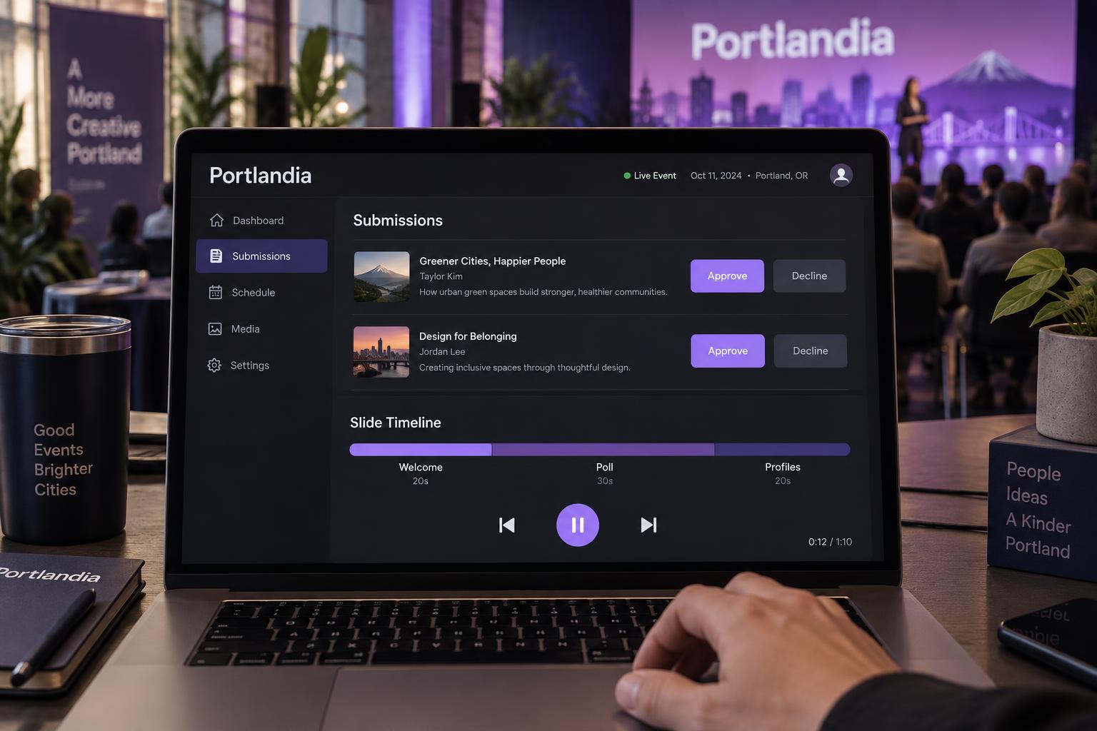 An organizer laptop showing submission approvals, slide durations and playback controls