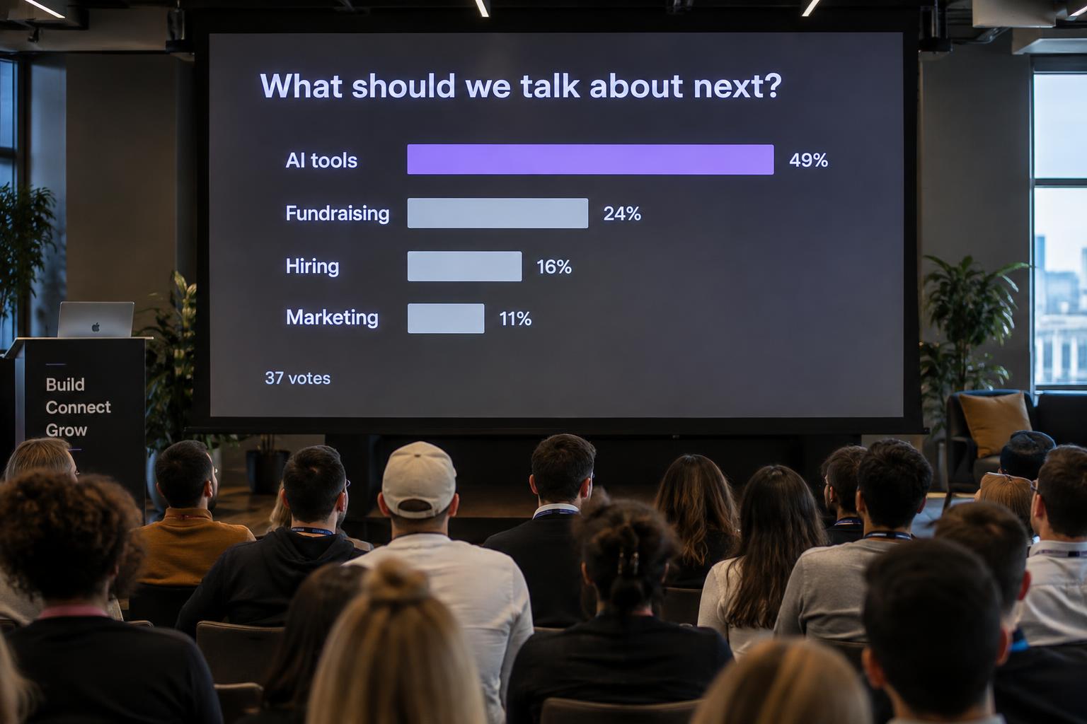 Projected sample poll results: AI tools 49%, Fundraising 24%, Hiring 16%, Marketing 11%