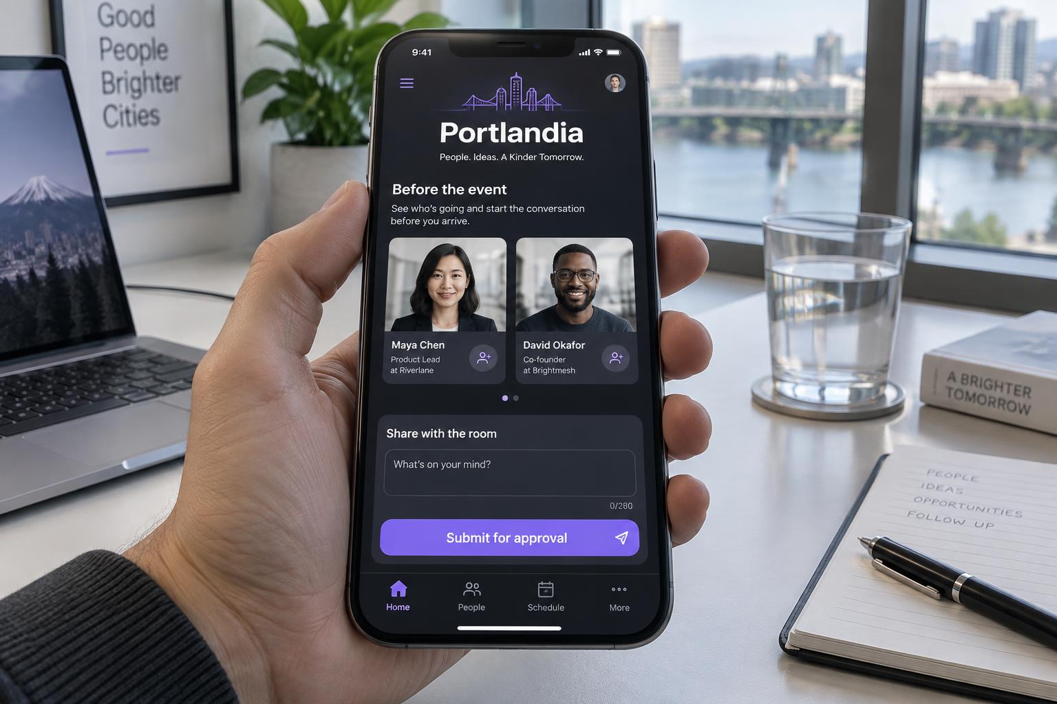 A phone showing pre-event attendee profiles and a post submission for approval