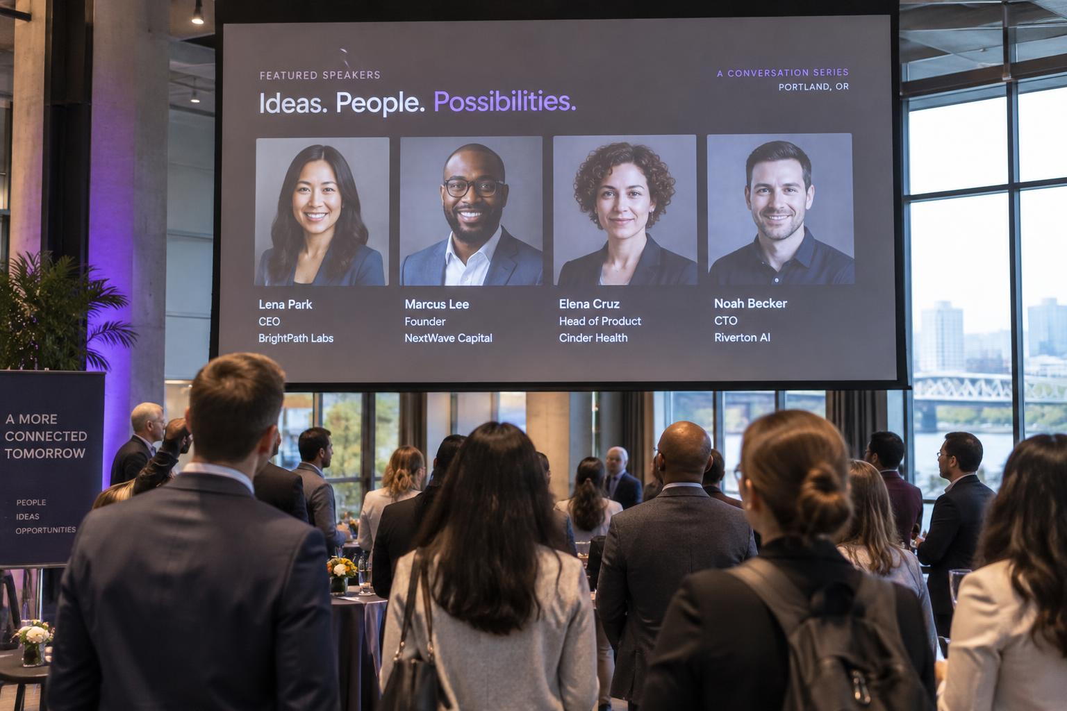 An event audience looking at four professional profiles on a large screen