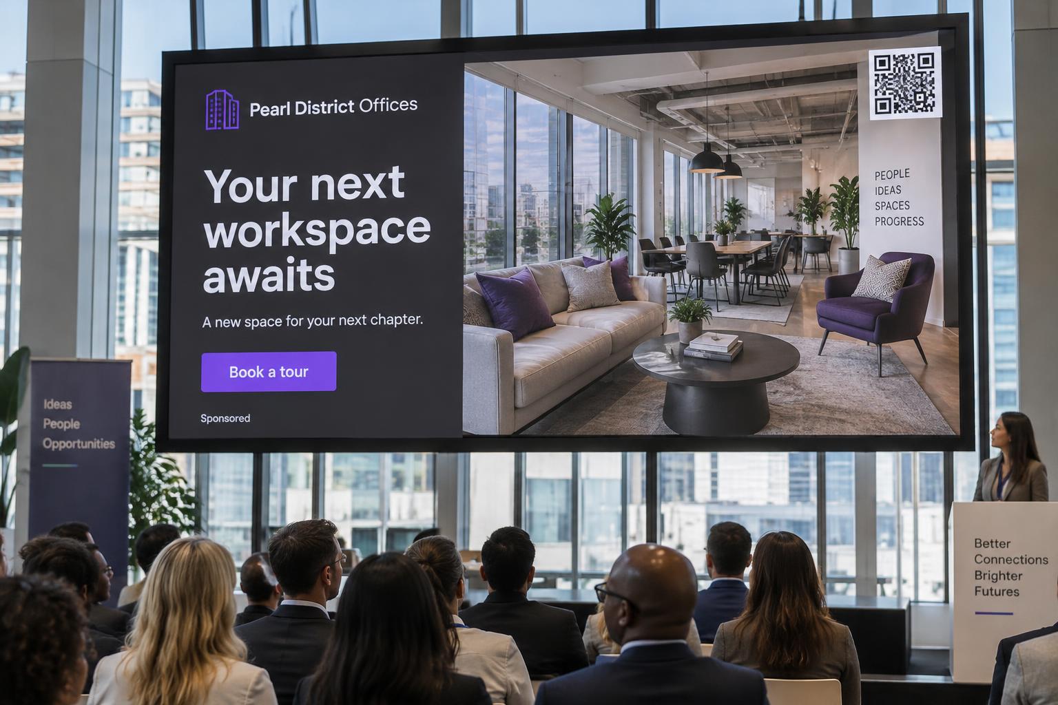 A sponsored Pearl District Offices ad on an event screen with an office photo and website QR code